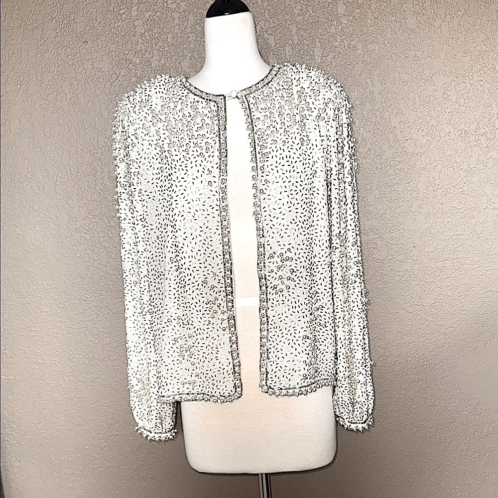 Vintage Elegant Beaded Cream Cardigan by Jack Bryan